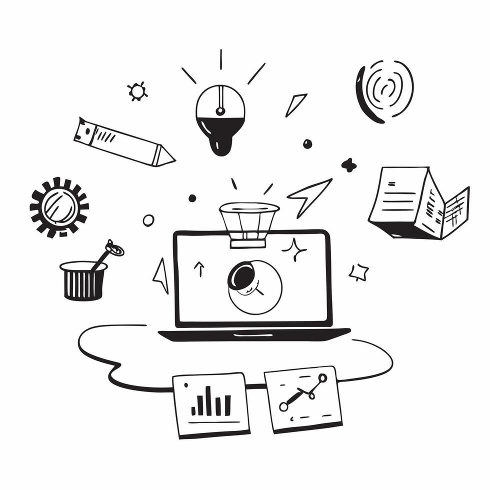 Laptop with holographic AI business ideas and travel icons concept as Camera movement Pan across the laptop screen with a focus on glowing holographic AI business ideas and travel Dynamics Set 2 vector