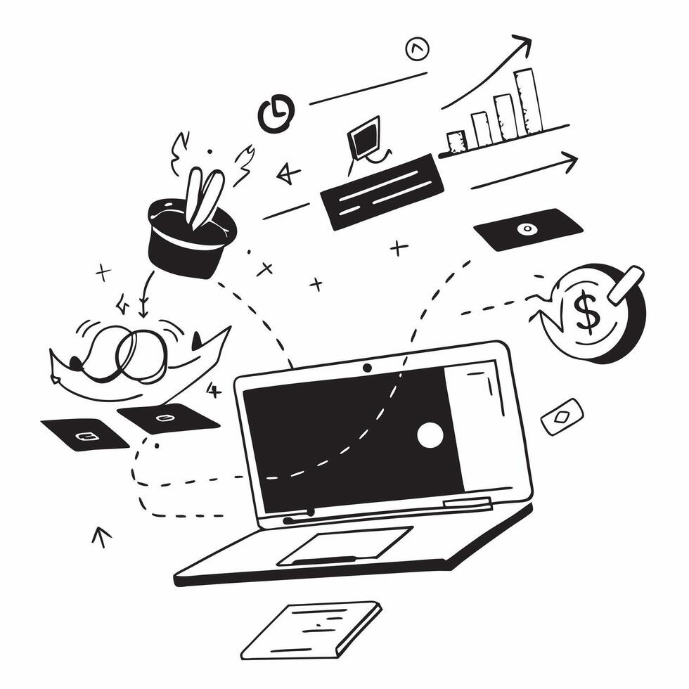 Laptop with holographic AI finance and wealth icons concept as Camera movement Pan across the laptop screen with a focus on glowing holographic AI finance and wealth icons Scene A Dynamics vector