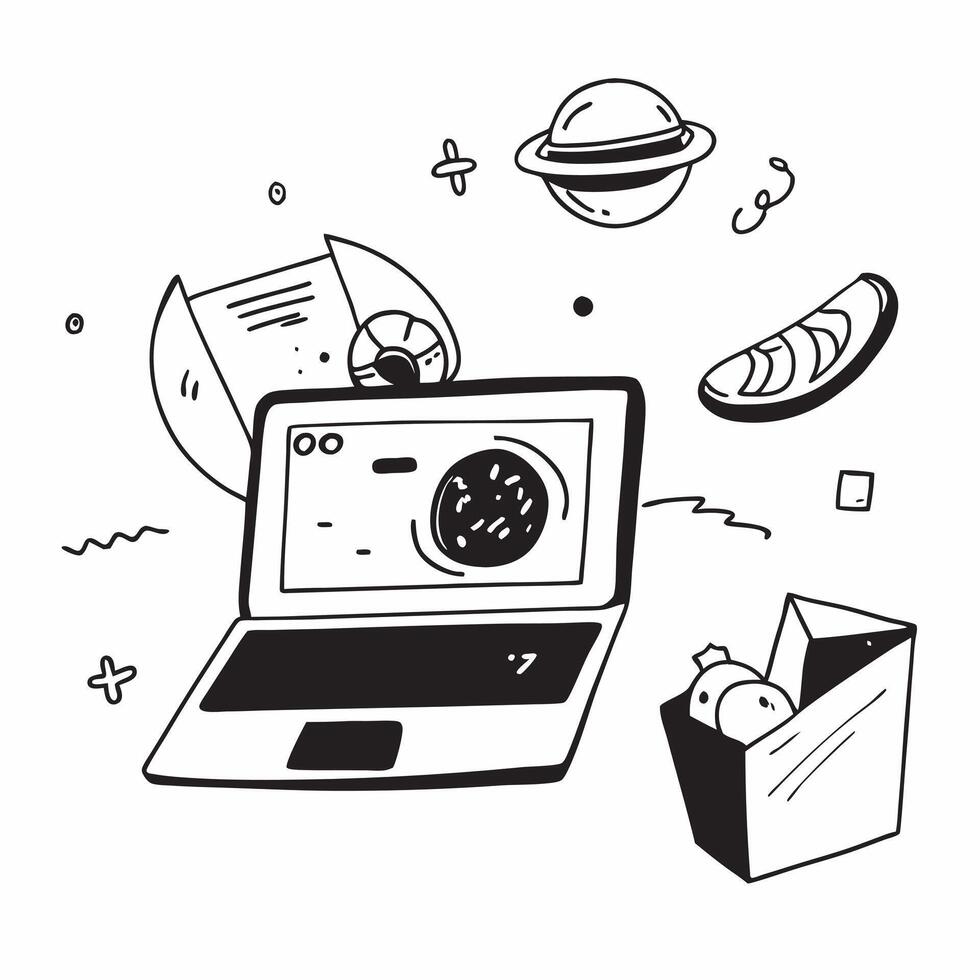 Laptop with holographic AI food analytics and world food day icons concept as Camera movement Pan across the laptop screen with a focus on glowing holographic AI food analytics and Dynamics vector