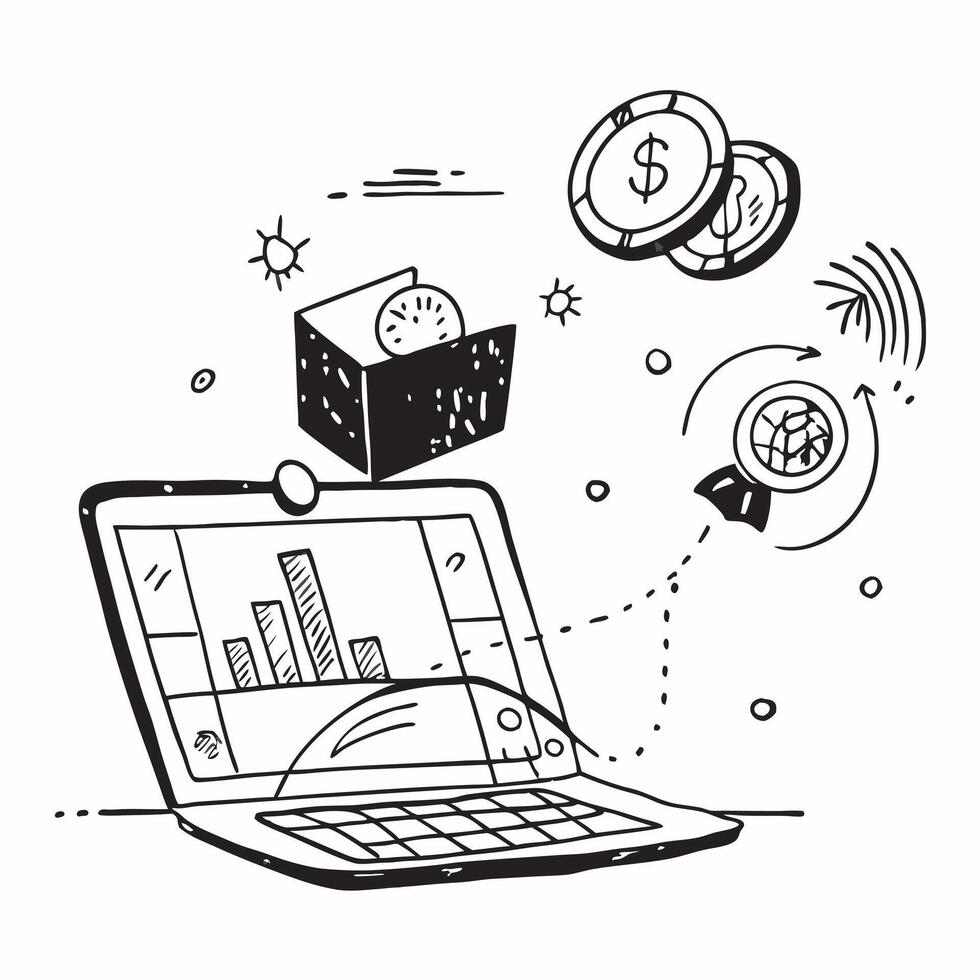 Laptop with holographic AI finance and stock market icons concept as Camera movement Pan across the laptop screen with a focus on glowing holographic AI finance and stock market ic Dynamics vector