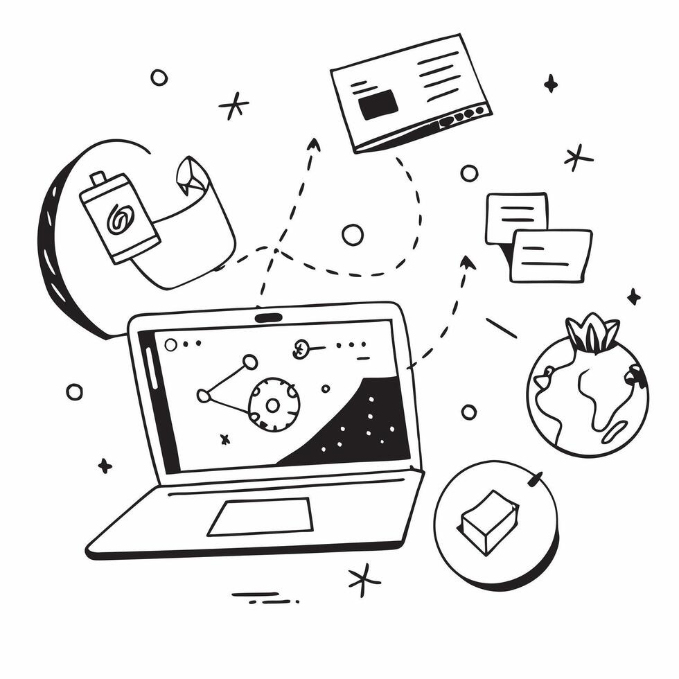 Laptop with holographic AI travel analytics and holiday icons concept as Camera movement Pan across the laptop screen with a focus on glowing holographic AI travel analytics and ho Dynamics vector