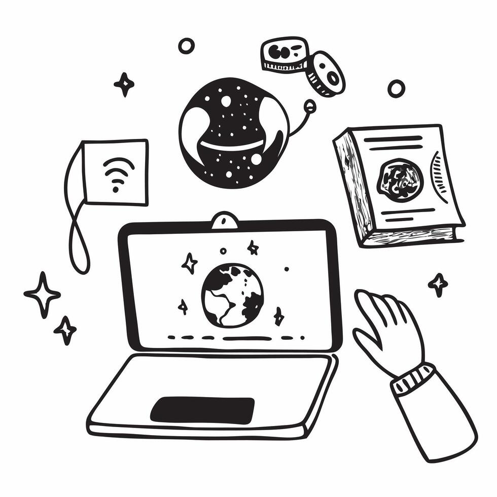 Laptop with holographic AI travel assistant and holiday planning icons concept as Camera movement Pan across the laptop screen with a focus on glowing holographic AI travel assista Dynamics Set 7 vector