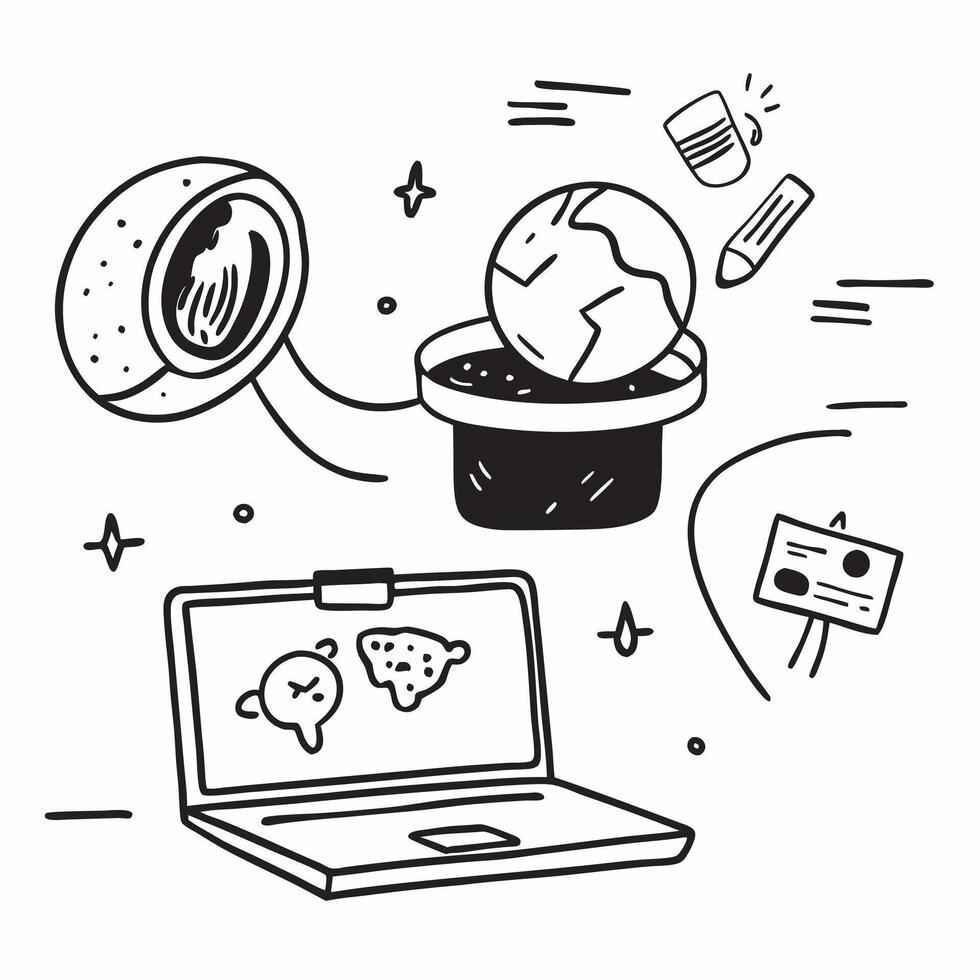 Laptop with holographic AI world food day ideas and travel icons concept as Camera movement Pan across the laptop screen with a focus on glowing holographic AI world food day ideas Dynamics vector