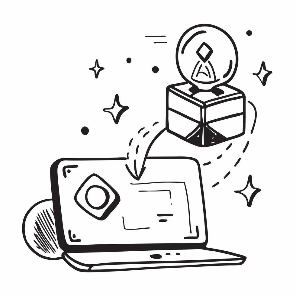 Laptop with Holographic Blockchain Icon and Ledger Icon concept as A photo featuring a laptop with a glossy glowing holographic blockchain icon and ledger icon The objects are cen Dynamics vector