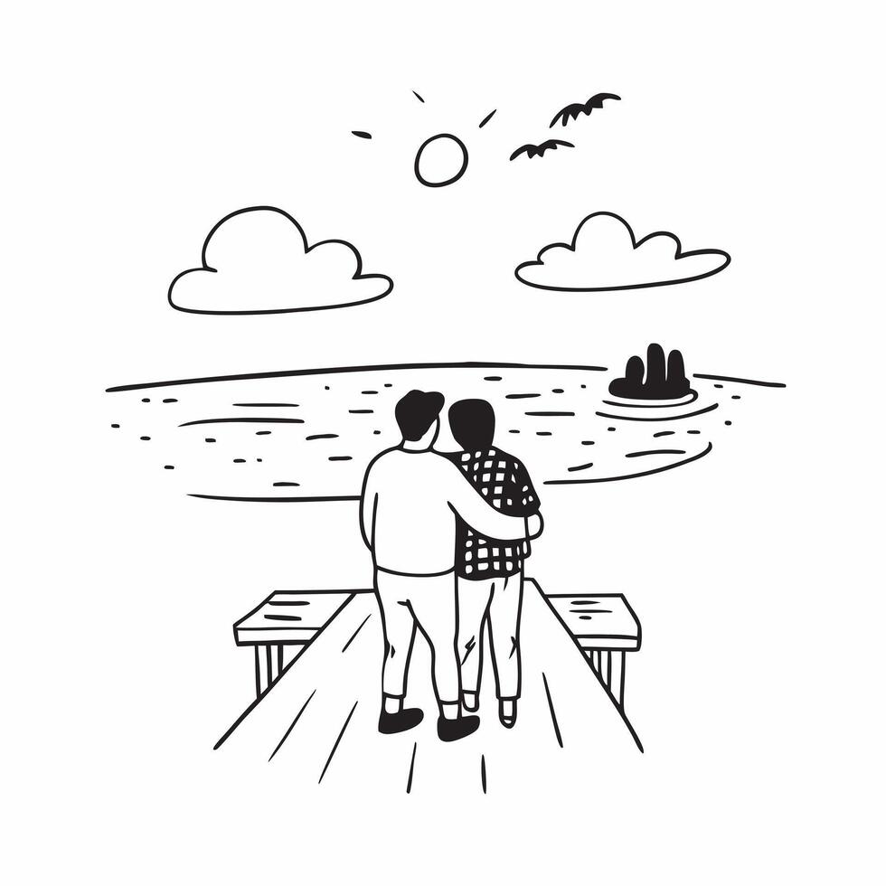 Lovers reuniting at a sunset pier concept as Lovers reuniting blended with a sunset pier symbolizing the romance and joy of reuniting at a beautiful location Ideal for romantic an Dynamics vector