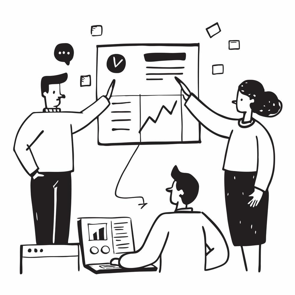 Marketing analyst presenting market research in a hybrid meeting concept as A marketing analyst presenting market research in a hybrid meeting with reports displayed in the office Dynamics vector