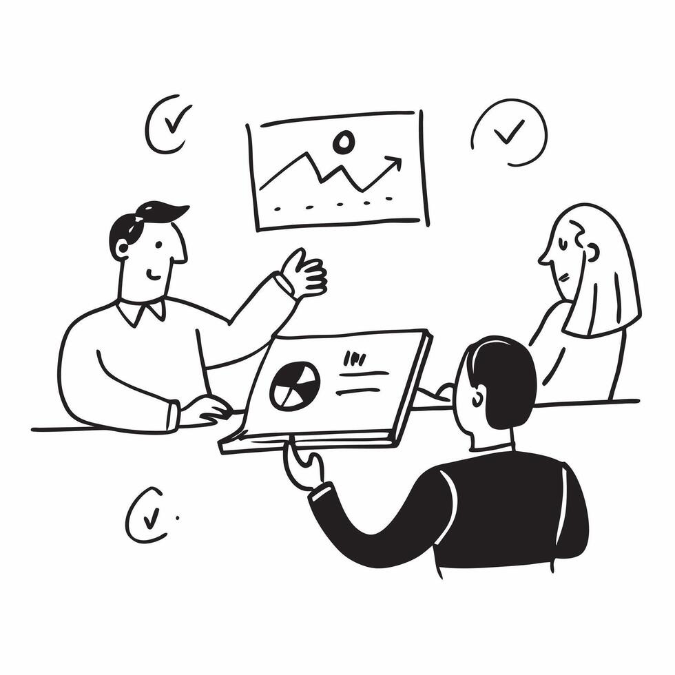 Marketing consultant conducting a hybrid market analysis meeting concept as A marketing consultant conducting a hybrid market analysis meeting with clients in the office and remote Dynamics vector