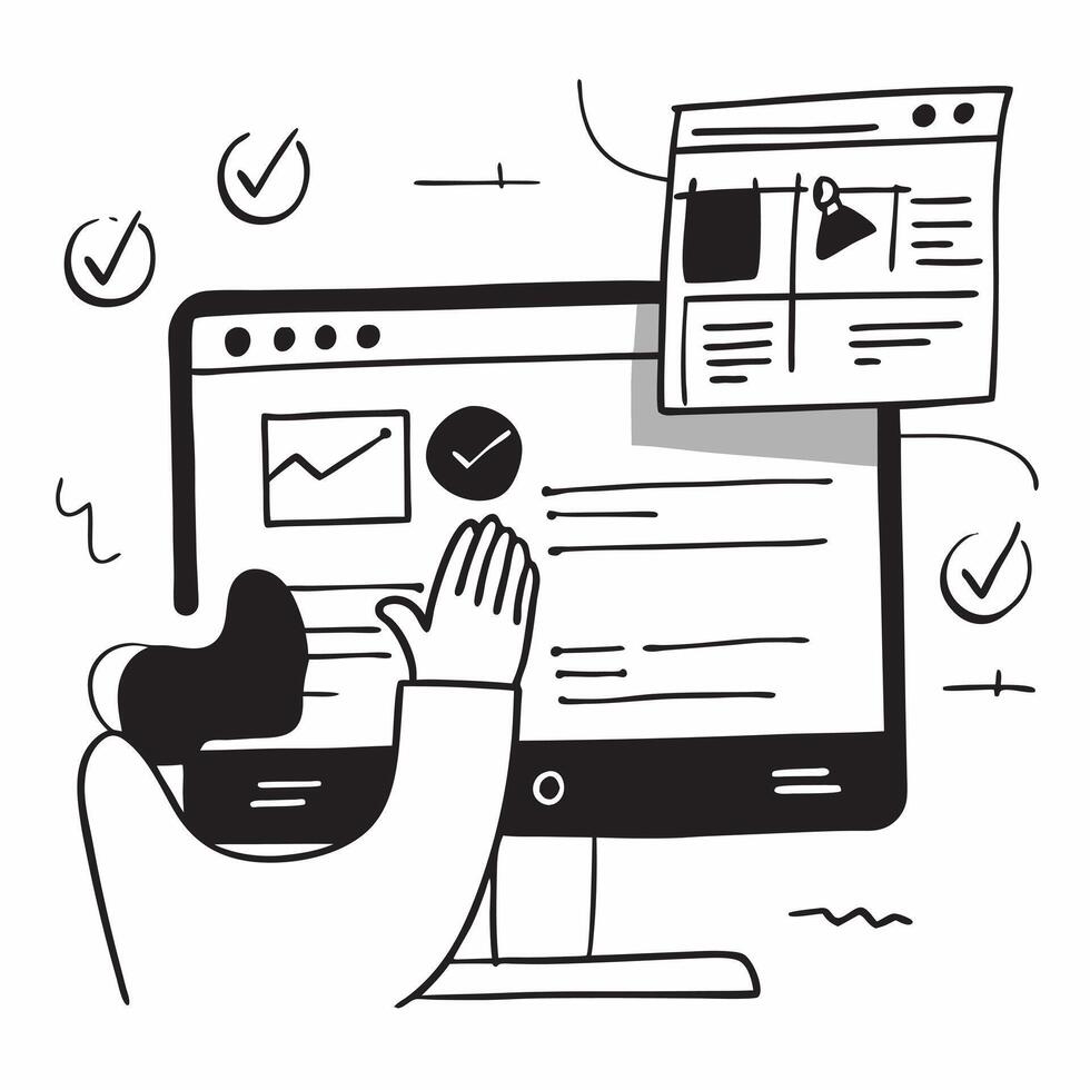 Marketing coordinator organizing a social media content library concept as A marketing coordinator in an office organizing a social media content library on a desktop computer high Dynamics vector