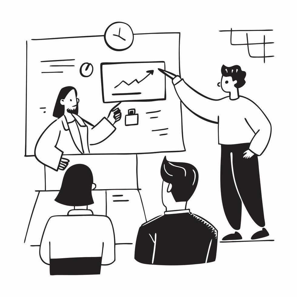 Marketing director presenting social media strategy to executives concept as A marketing director in a boardroom presenting a social media strategy to company executives using a pr Dynamics Set 2 vector