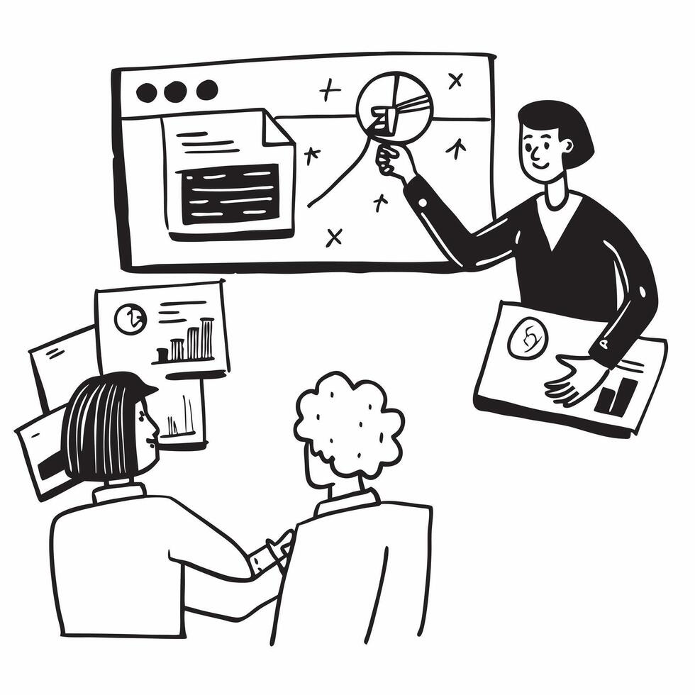Marketing executive overseeing a social media marketing team concept as A marketing executive in a boardroom overseeing a social media marketing team using a laptop and charts show Dynamics Set 2 vector