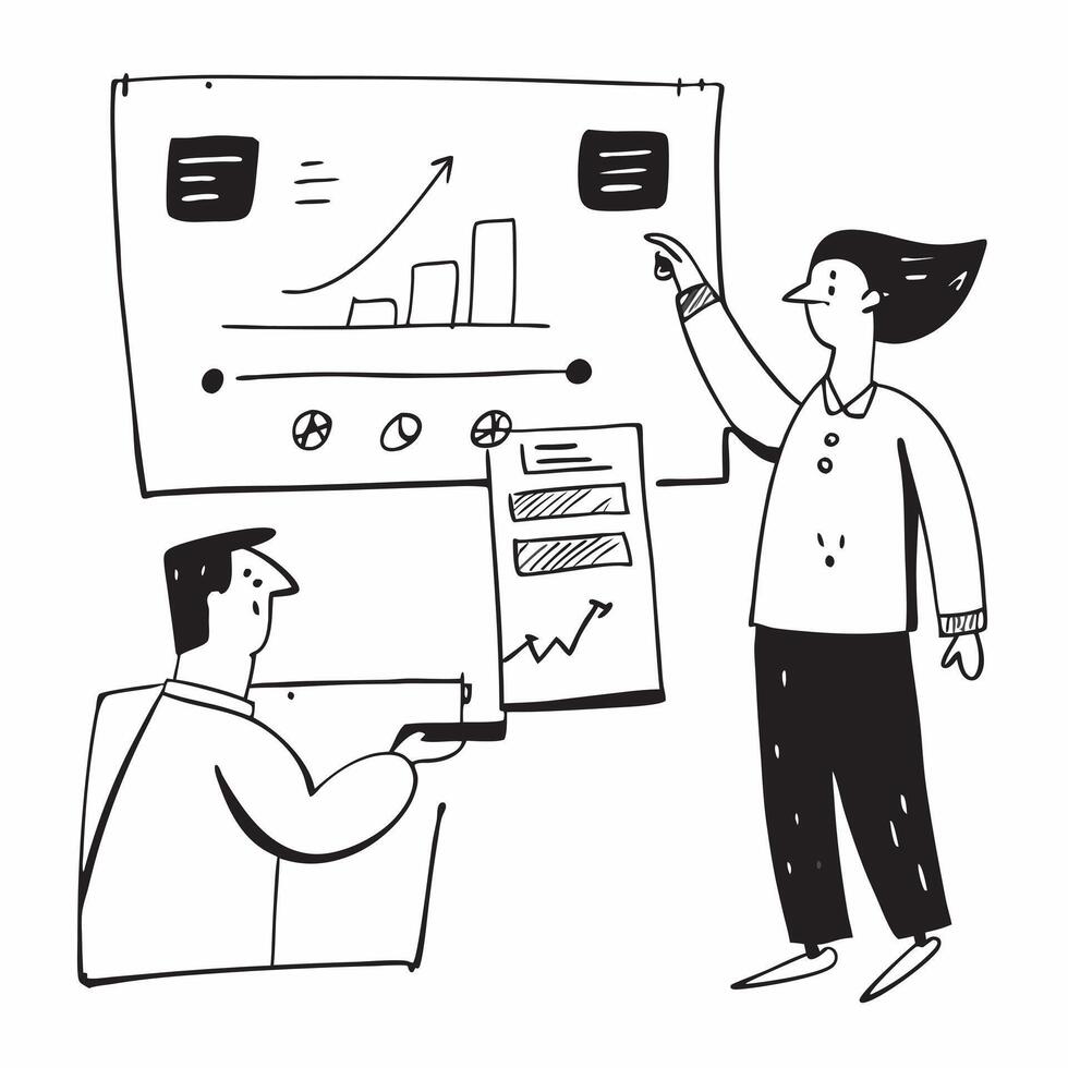Marketing executive presenting social media results to the board concept as A marketing executive in a boardroom presenting social media results to the board using graphs and data Dynamics vector