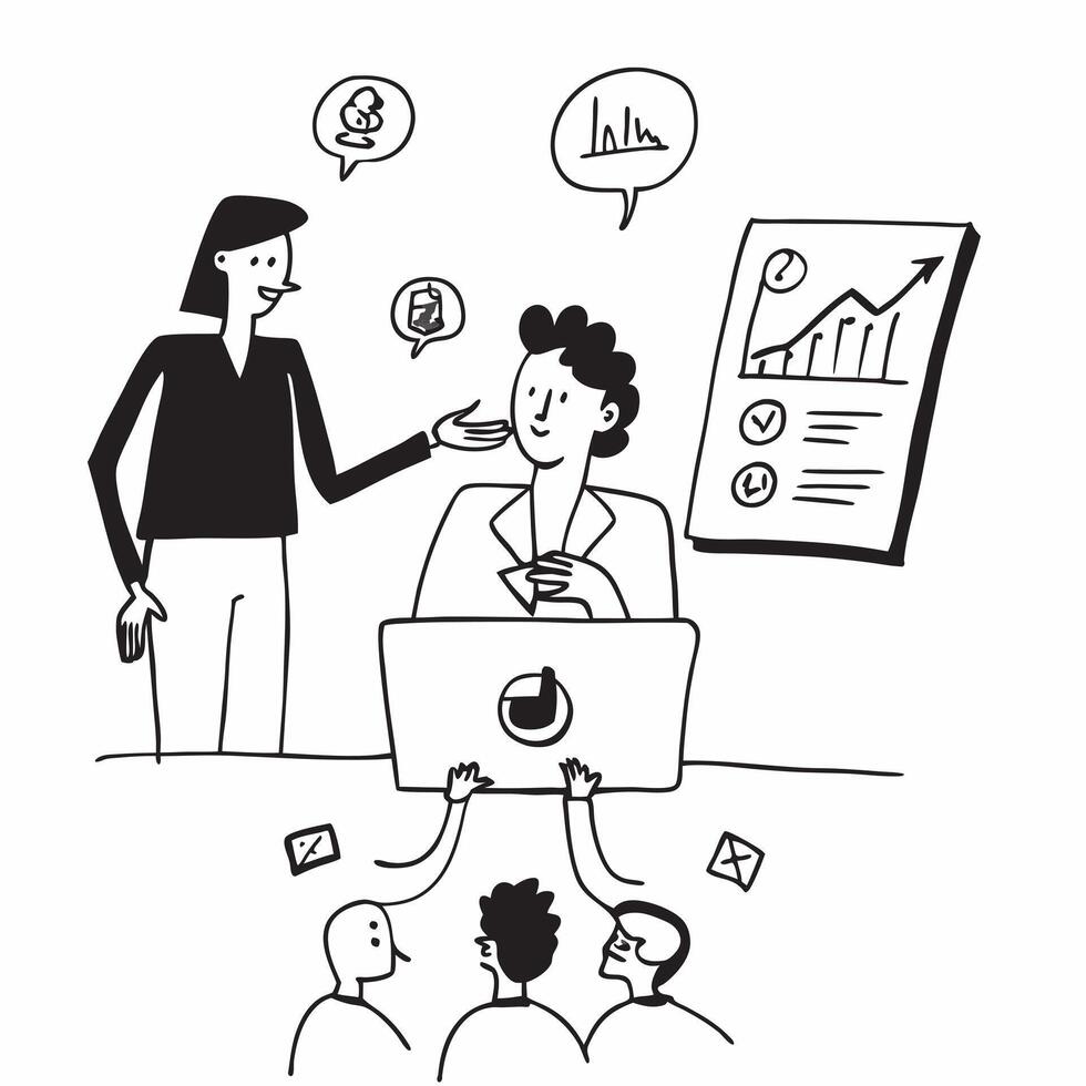 Marketing executive overseeing a social media marketing team concept as A marketing executive in a boardroom overseeing a social media marketing team using a laptop and charts show Dynamics vector