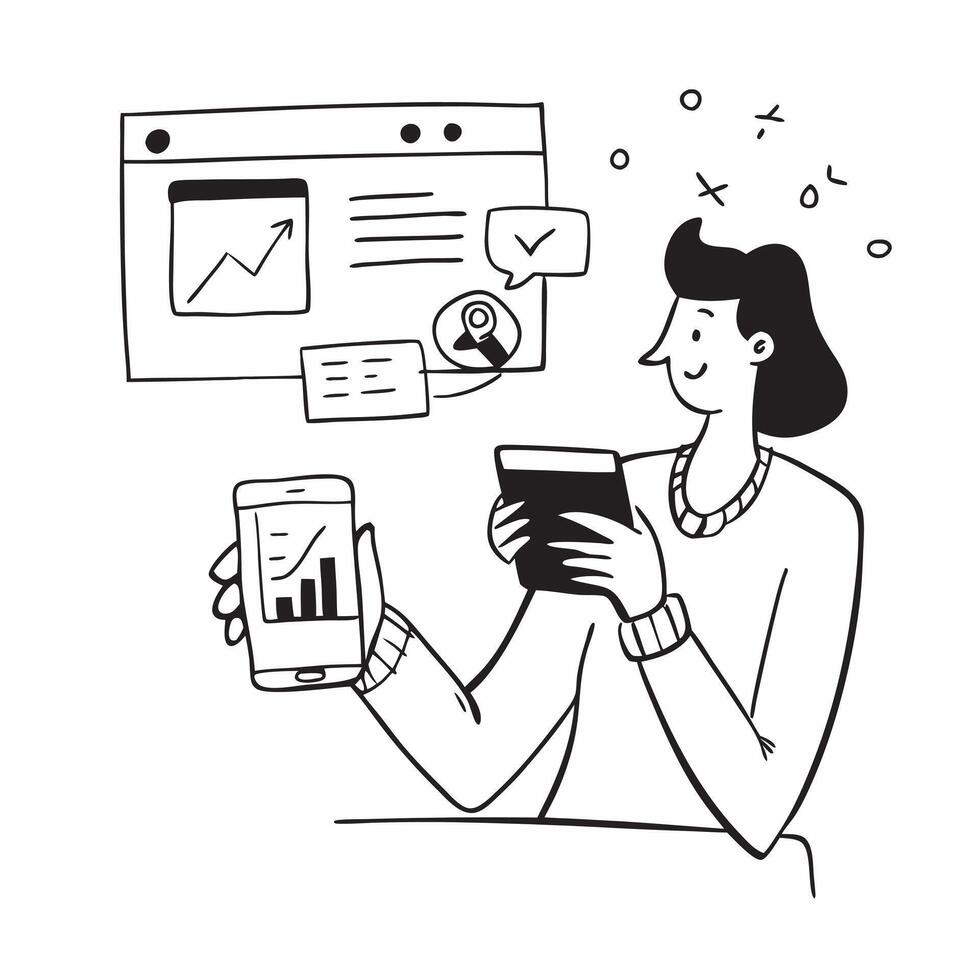 Marketing manager enjoying a cup of tea while browsing social media trends concept as A marketing manager enjoying a cup of tea in a comfortable chair while browsing social media t Dynamics vector
