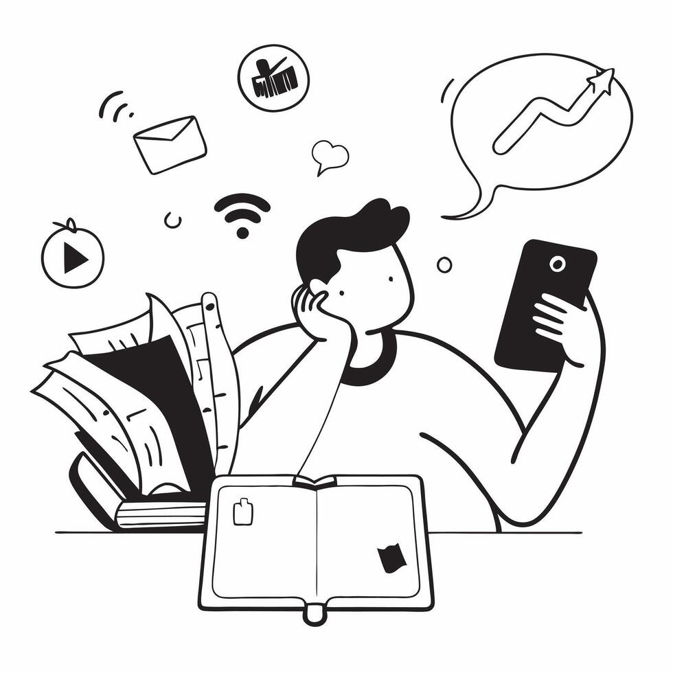 Marketing specialist enjoying a quiet evening with a book and a tablet concept as A marketing specialist enjoying a quiet evening with a book and a tablet checking social media tre Dynamics vector
