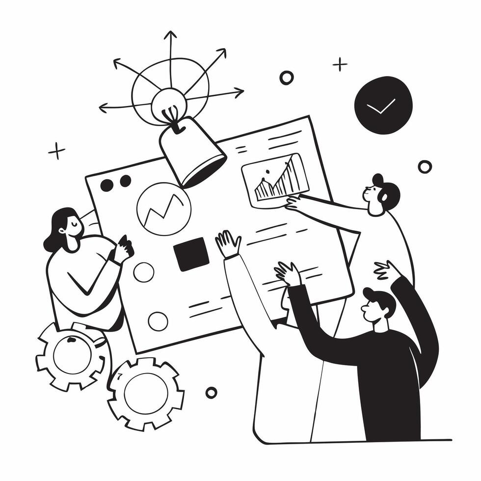 Marketing team collaborating on a product launch concept as A icon illustration of a marketing team collaborating on a product launch using digital tools and charts with a 3 colo Dynamic Dynamics vector