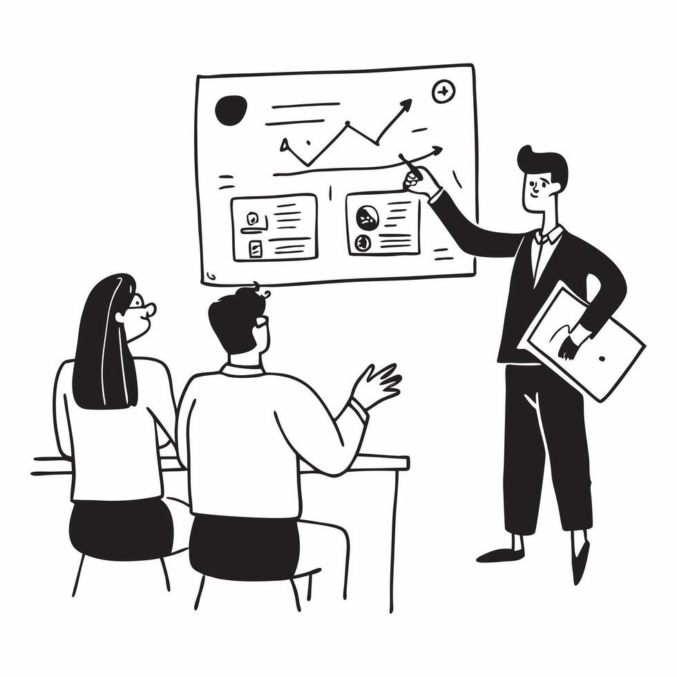 Market researcher presenting stock valuation insights to a team concept as A market researcher in a meeting room presenting stock valuation insights to a team using charts and grap Dynamics vector