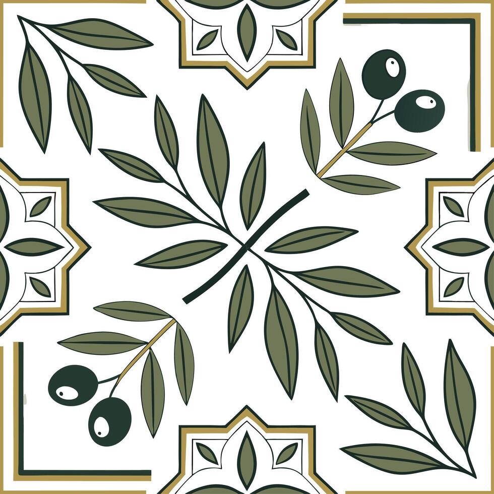 Mediterranean tiles and olives seamless tile pattern with earthy greens and traditional designs for coastal decor concept as Earthy green olives and traditional Mediterranean tile Dynamics vector