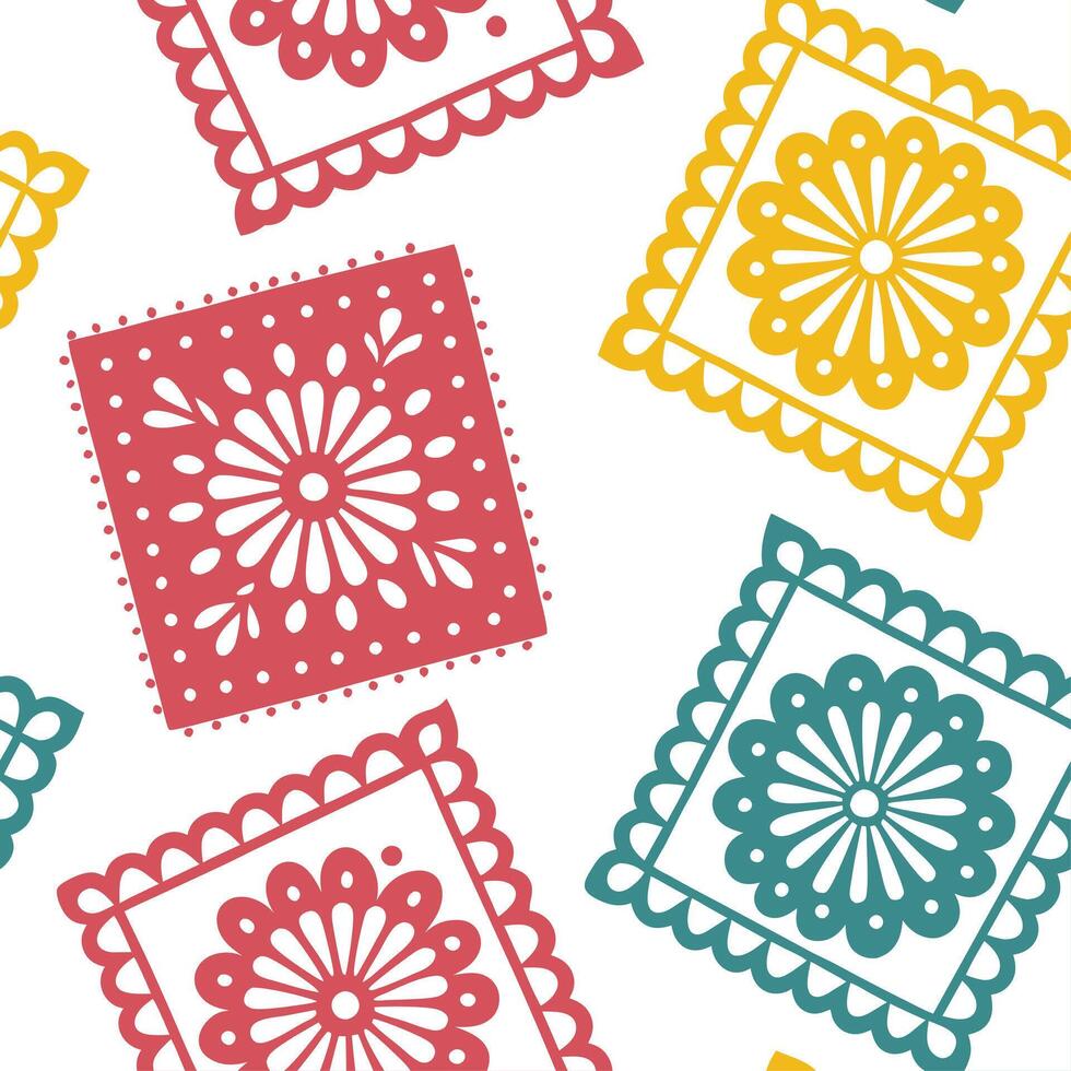 Mexican vibrant papel picado seamless tile pattern with bright colors and intricate cut out designs for festive decor concept as Brightly colored papel picado cut out designs arran Dynamics vector