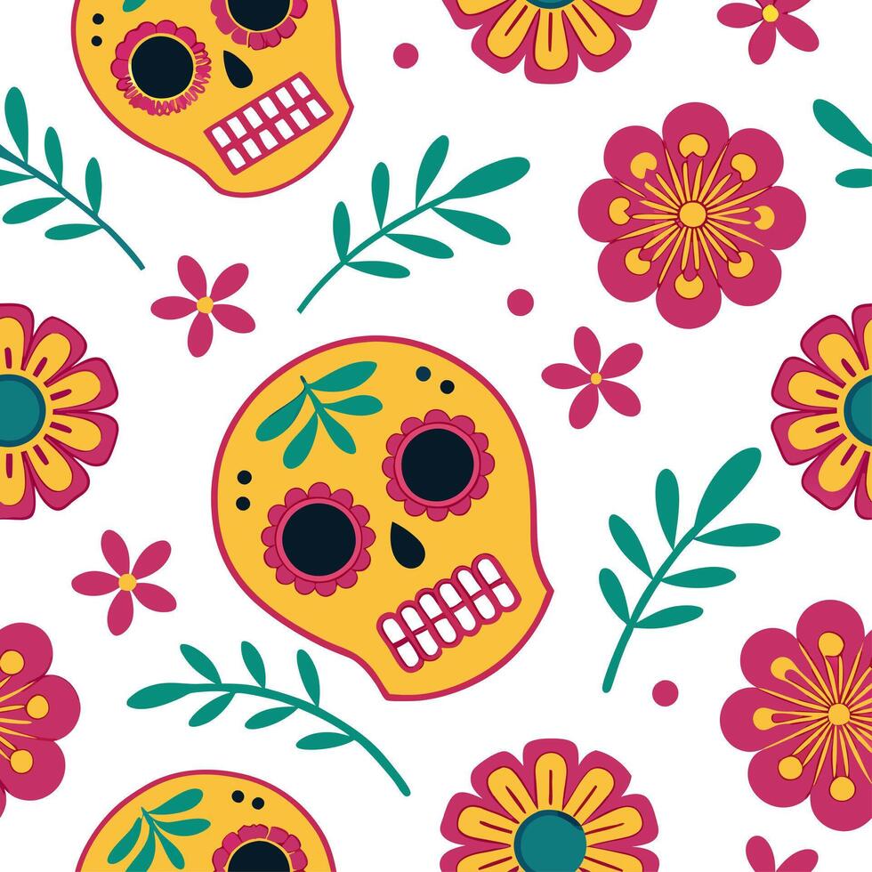 Mexican Day of the Dead skulls and marigolds seamless tile pattern with bright colors and intricate details for festive decor concept as Brightly colored skulls and intricate marig Dynamics vector