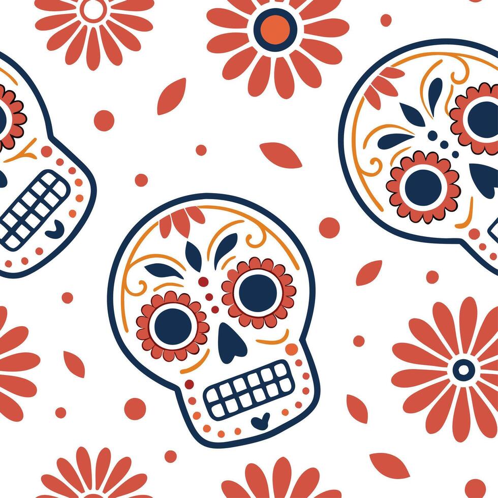 Mexican Day of the Dead seamless tile pattern with vibrant colors and traditional skull designs for festive decor concept as Vibrant colorful Day of the Dead skull designs arranged Dynamics vector