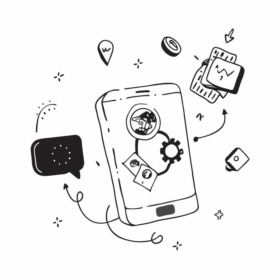 Mobile phone with holographic AI and business trip icons concept as Camera movement Rotate around the mobile phone with a focus on glowing holographic AI and business trip icons S Dynamics Set 2 vector