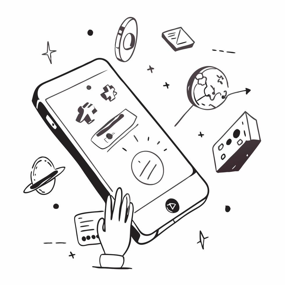 Mobile phone with holographic AI business booking and travel icons concept as Camera movement Rotate around the mobile phone with a focus on glowing holographic AI business booking Dynamics vector