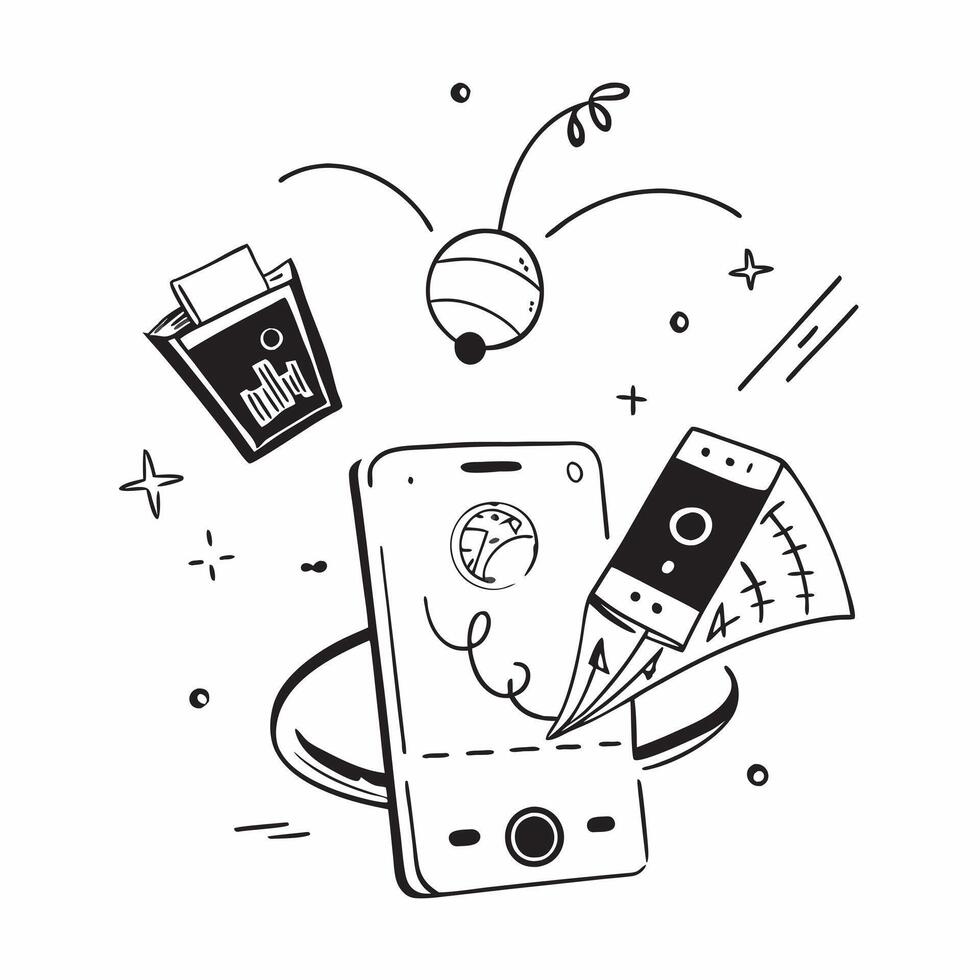 Mobile phone with holographic AI and business trip icons concept as Camera movement Rotate around the mobile phone with a focus on glowing holographic AI and business trip icons S Dynamics vector