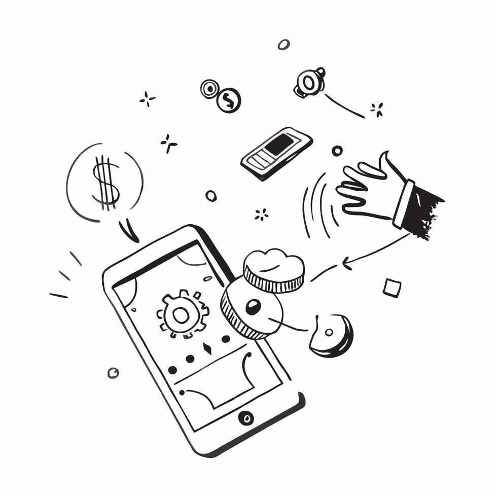 Mobile phone with holographic AI and financial icons concept as Camera movement Rotate around the mobile phone with a focus on glowing holographic AI and financial icons Scene A t Dynamics vector