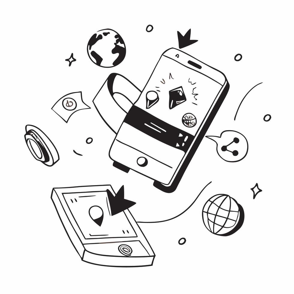 Mobile phone with holographic AI business booking and travel icons concept as Camera movement Rotate around the mobile phone with a focus on glowing holographic AI business booking Dynamics Set 8 vector