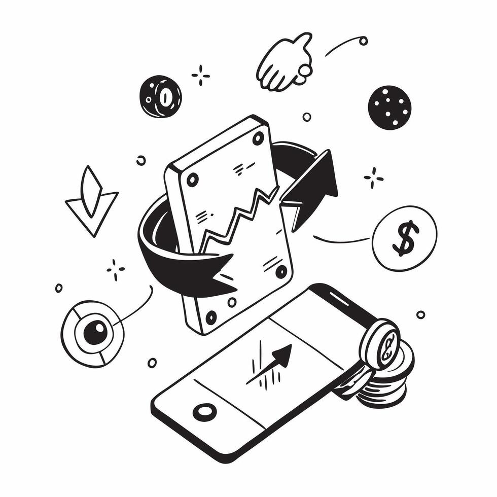 Mobile phone with holographic AI finance and banking icons concept as Camera movement Rotate around the mobile phone with a focus on glowing holographic AI finance and banking icon Dynamics Set 6 vector