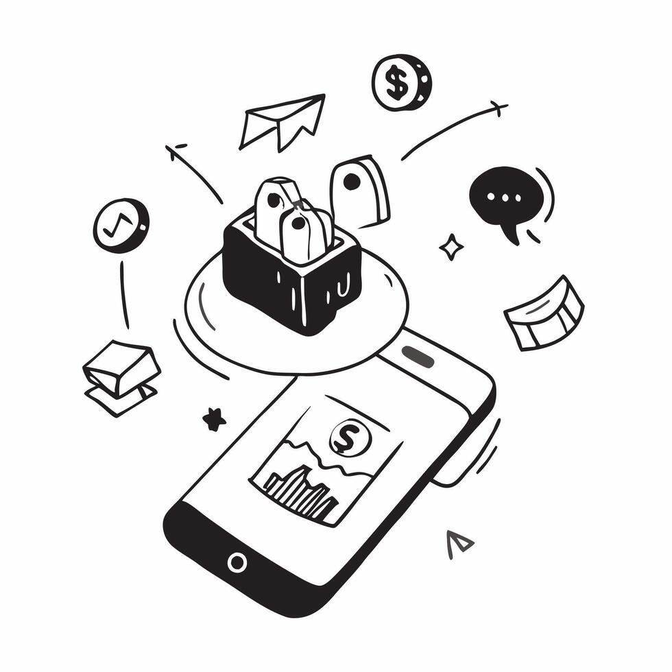 Mobile phone with holographic AI finance and banking icons concept as Camera movement Rotate around the mobile phone with a focus on glowing holographic AI finance and banking icon Dynamics Set 5 vector