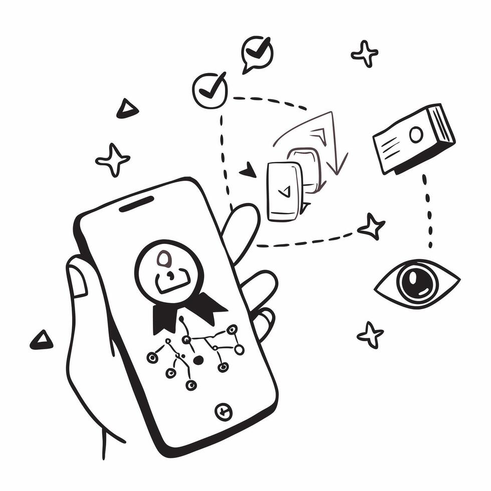 Mobile phone with holographic AI QA and audit icons concept as Camera movement Rotate around the mobile phone with a focus on glowing holographic AI QA and audit icons Scene A tec Dynamics Set 6 vector