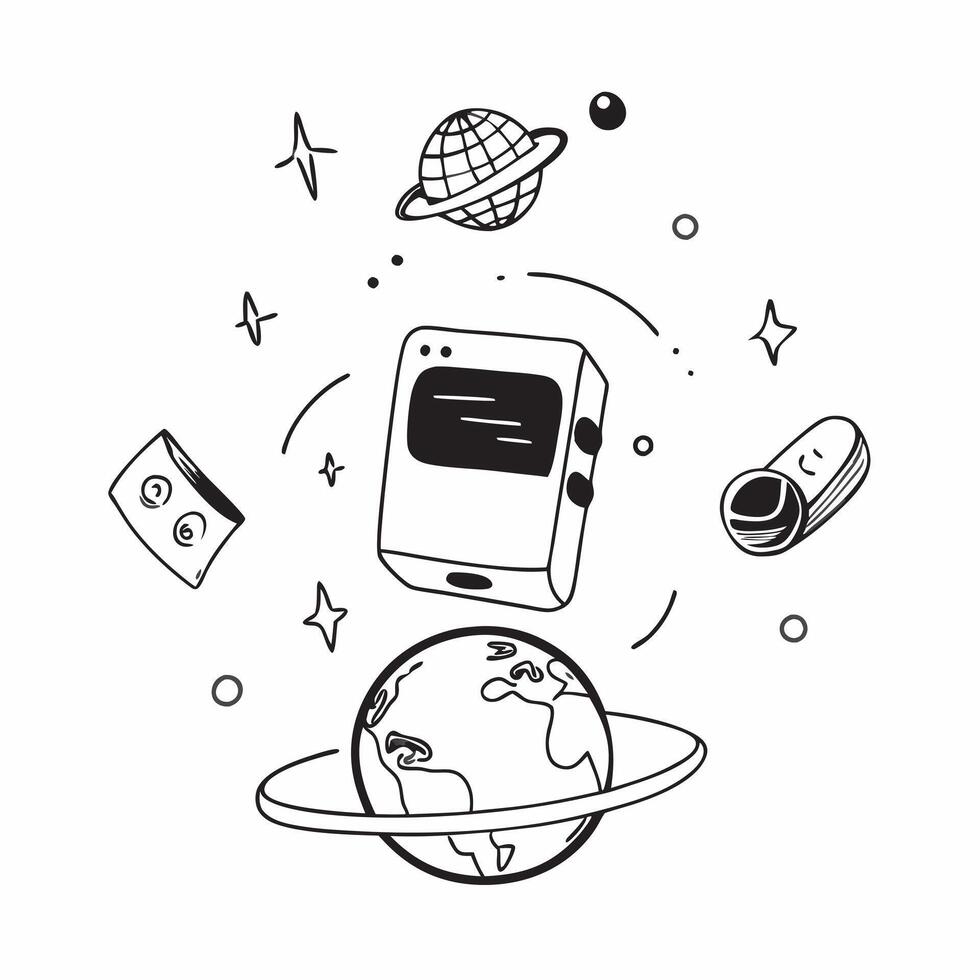 Mobile phone with holographic AI world food day itineraries and travel icons concept as Camera movement Rotate around the mobile phone with a focus on glowing holographic AI world Dynamics Set 3 vector
