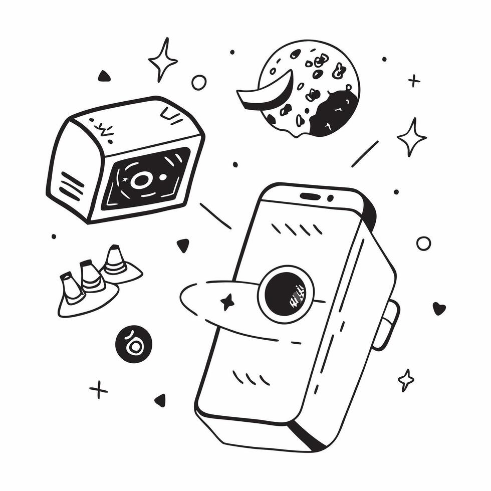 Mobile phone with holographic AI world food day itineraries and travel icons concept as Camera movement Rotate around the mobile phone with a focus on glowing holographic AI world Dynamics Set 2 vector