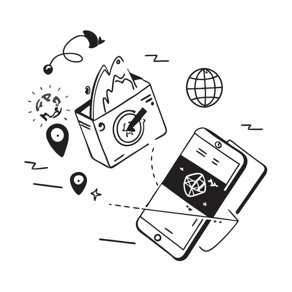 Mobile phone with holographic AI trip planner and vacation icons concept as Camera movement Rotate around the mobile phone with a focus on glowing holographic AI trip planner and v Dynamics vector