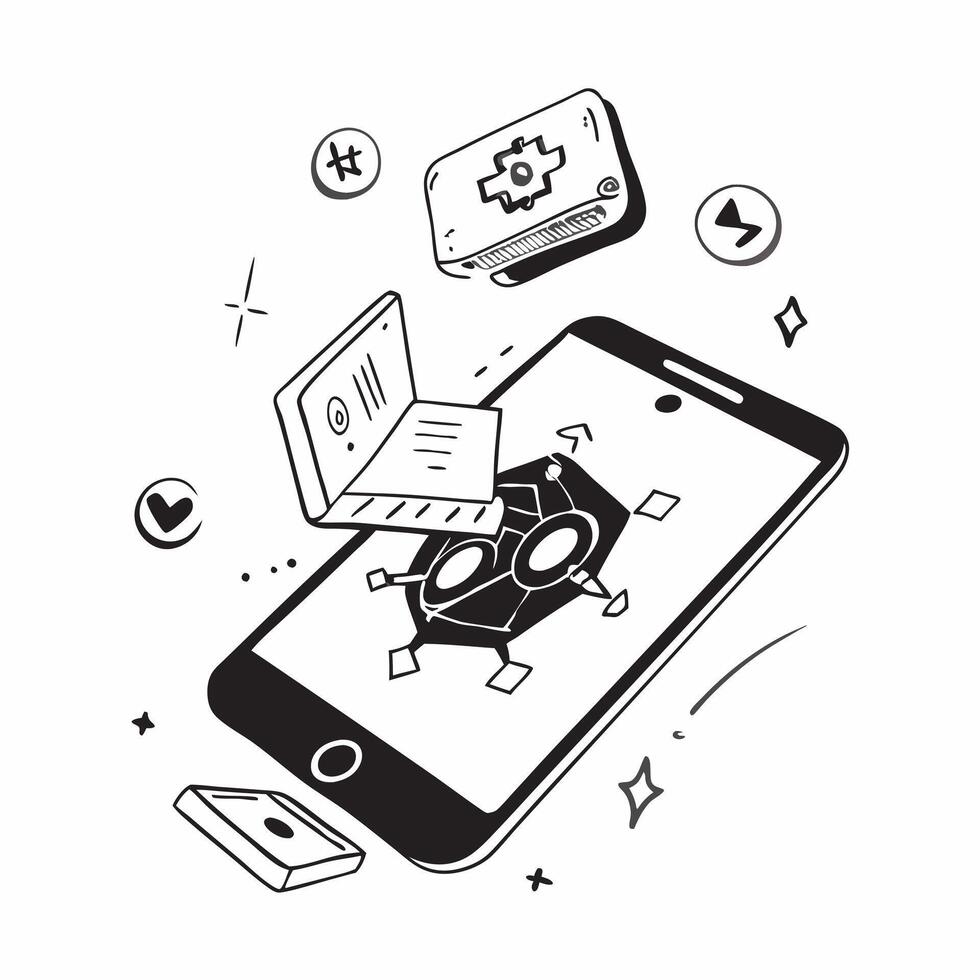 Mobile phone with holographic hacking and encryption icons concept as Camera movement Rotate around the mobile phone with a focus on glowing holographic hacking and encryption icon Dynamics vector