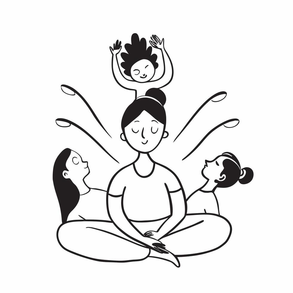 Mother with kids doing yoga concept as A mothers profile combined with kids doing yoga representing calm and mindful parenting Perfect for health and family ads in Photo Stock Co Dynamics vector