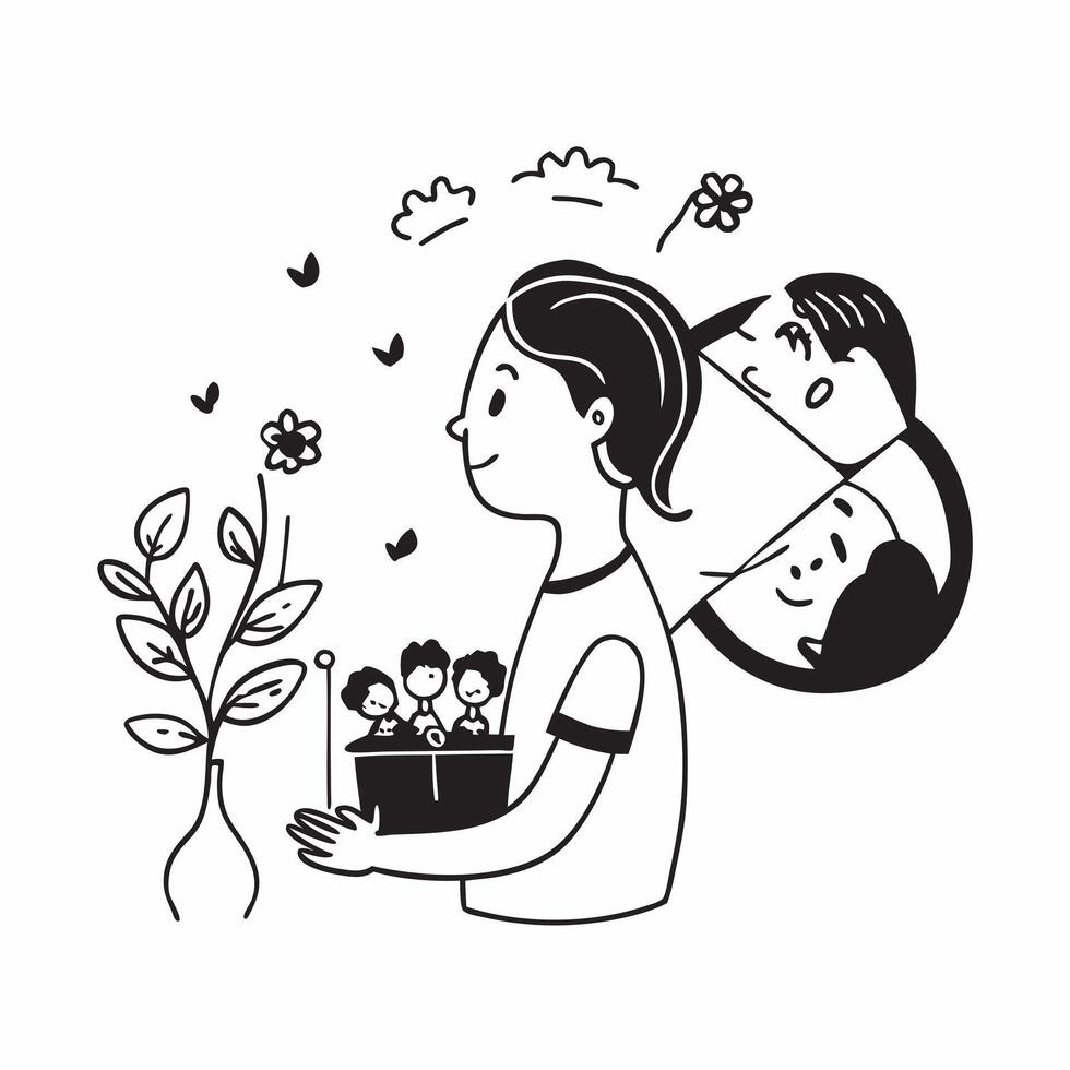 Mother with kids gardening concept as A mothers profile blended with kids gardening symbolizing nurturing and eco friendly parenting Ideal for nature and family ads in Photo Stoc Dynamics vector