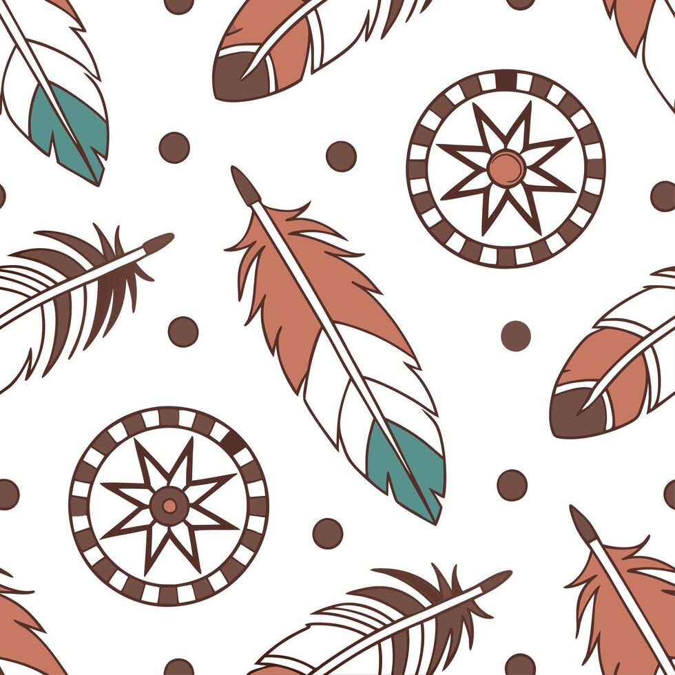 Native American symbols and feathers seamless tile pattern with earthy tones and cultural motifs for authentic decor concept as Earthy toned symbols and feathers arranged seamlessl Dynamics vector