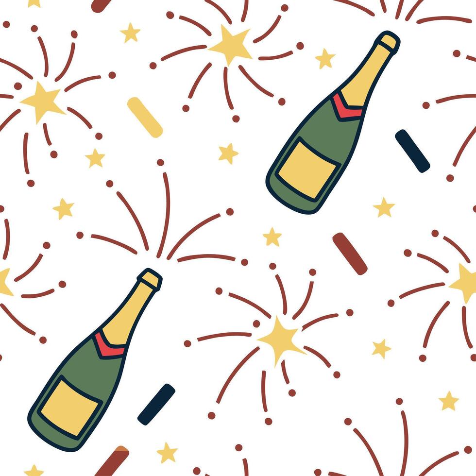 New Year seamless pattern with champagne glasses party hats and golden streamers for an elegant and festive celebration concept as Elegant New Year pattern with champagne glasses p Dynamics vector