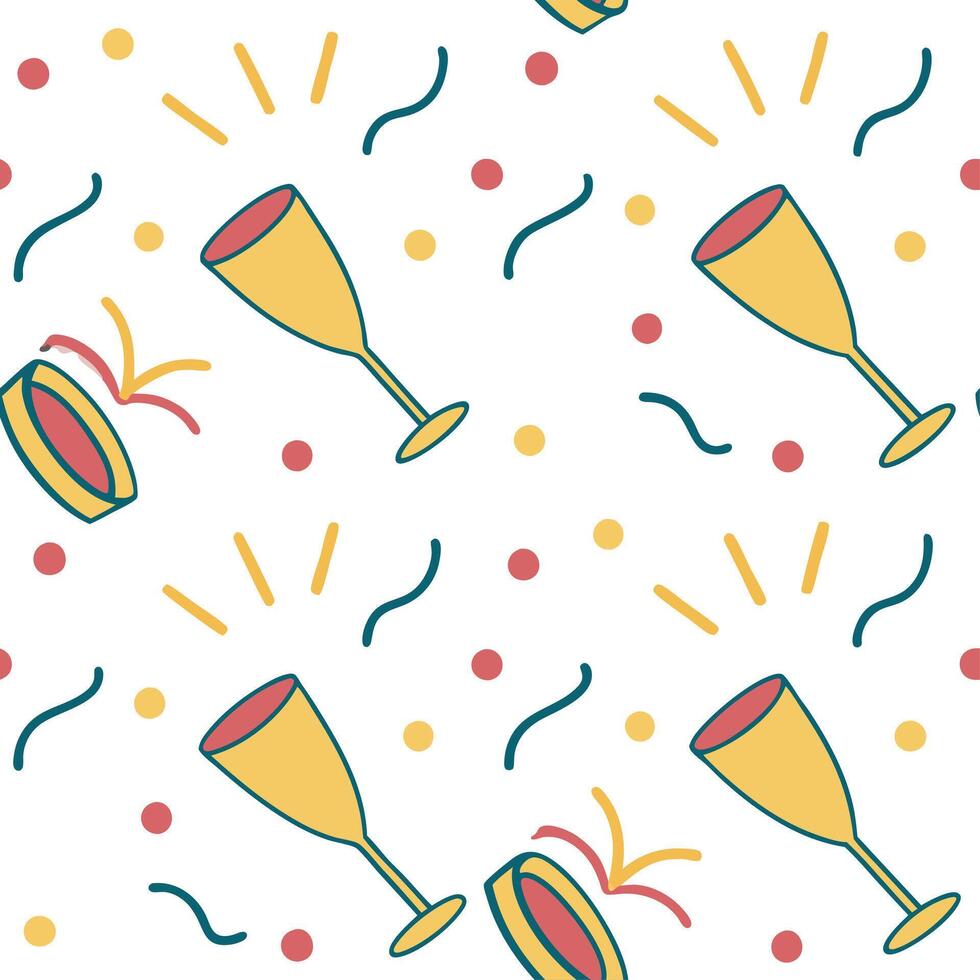 New Year seamless pattern with party poppers champagne glasses and confetti for a bright joyful New Year celebration concept as Bright New Year pattern with party poppers champagne Dynamics vector