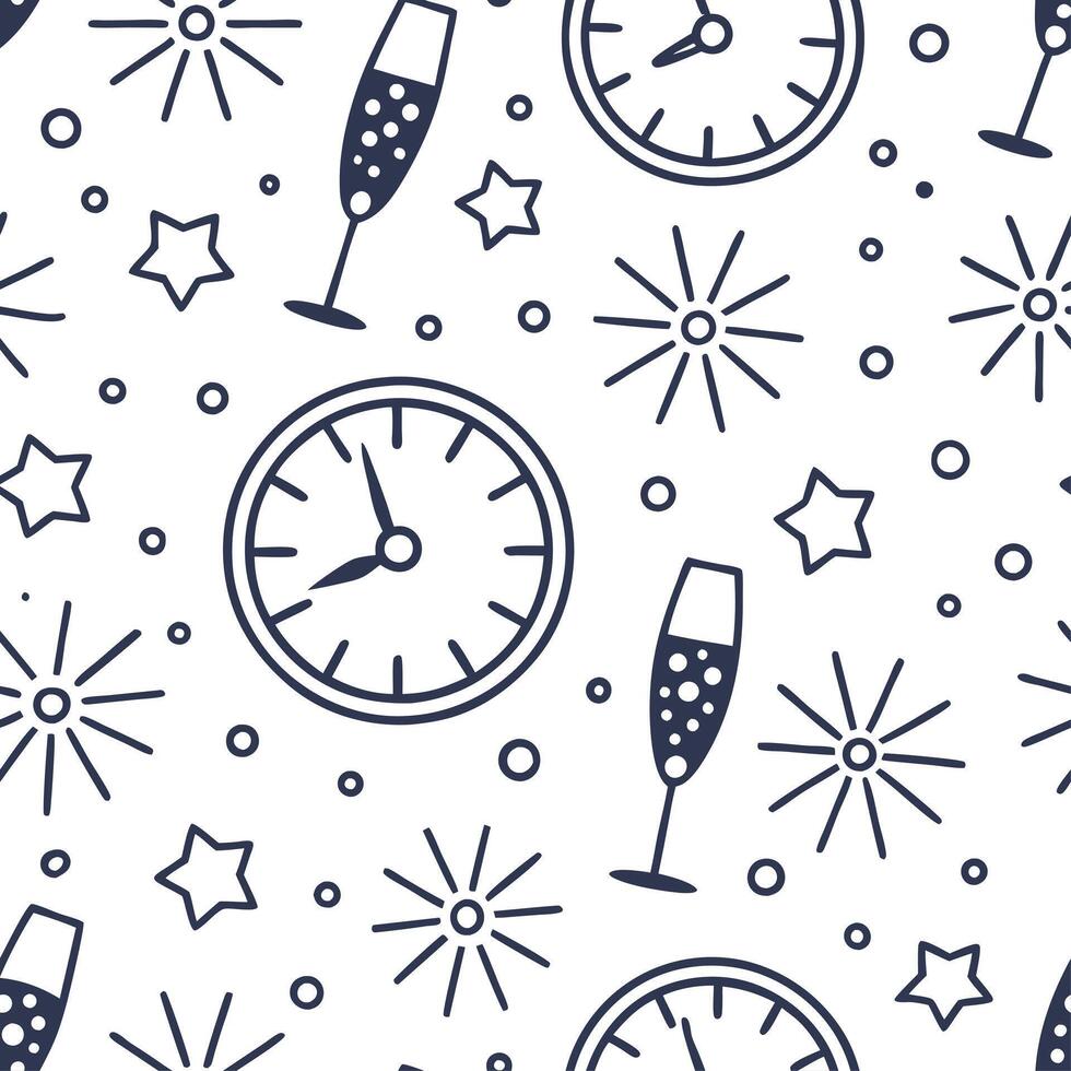 New Year seamless pattern with clock faces champagne flutes and sparkling stars for a sophisticated celebration look concept as Sophisticated New Year pattern with clock faces cham Dynamics vector