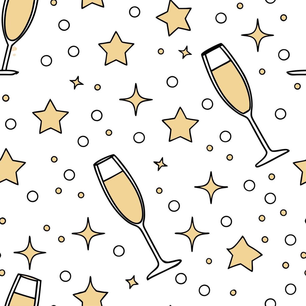 New Year seamless pattern with gold confetti sparkling stars and champagne glasses for an upscale New Year Eve look concept as Upscale New Year pattern with gold confetti sparkling Dynamics vector