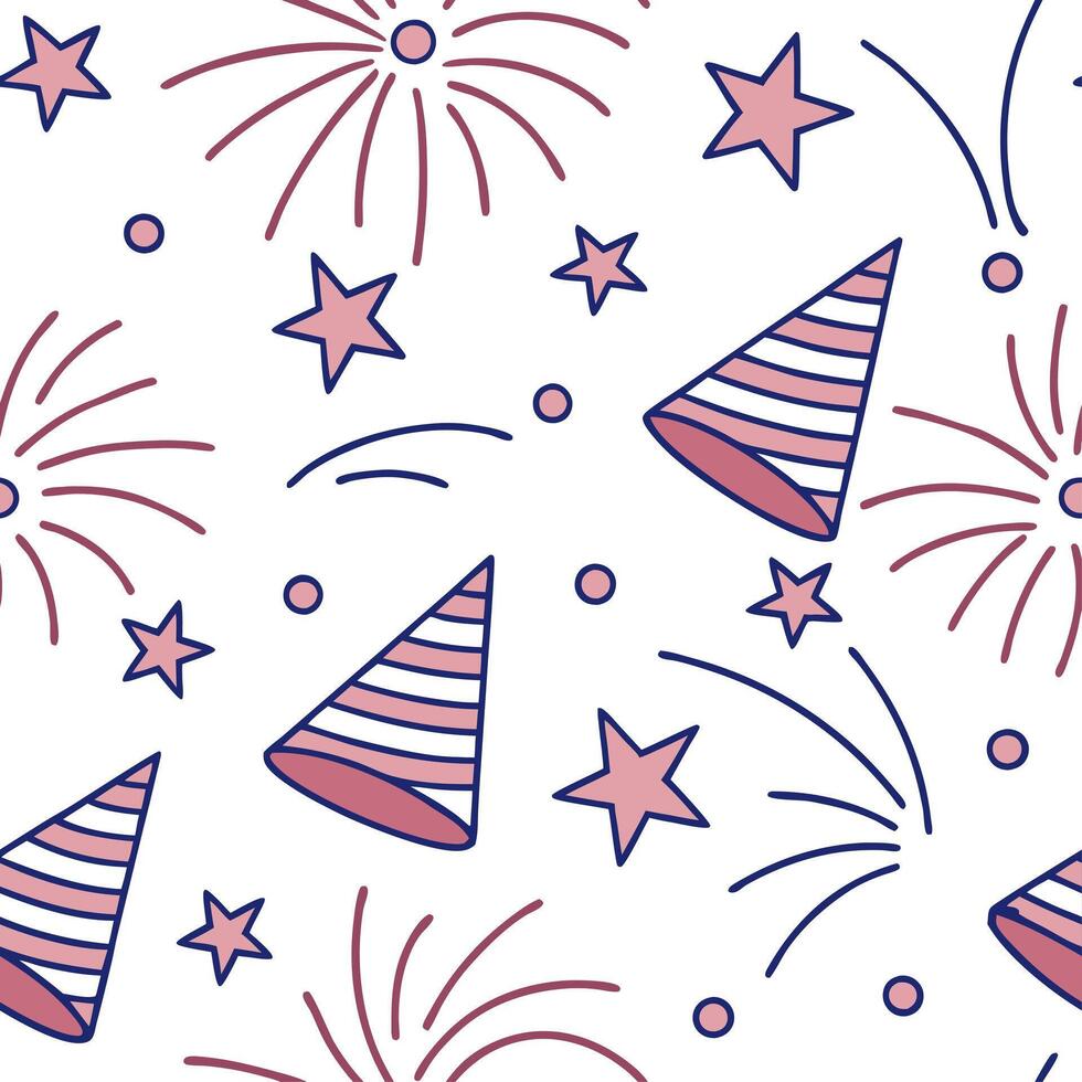 New Year seamless pattern with stars fireworks and party hats for a fun lively celebration feel concept as Fun New Year pattern with stars fireworks and party hats ideal for an ene Dynamics vector