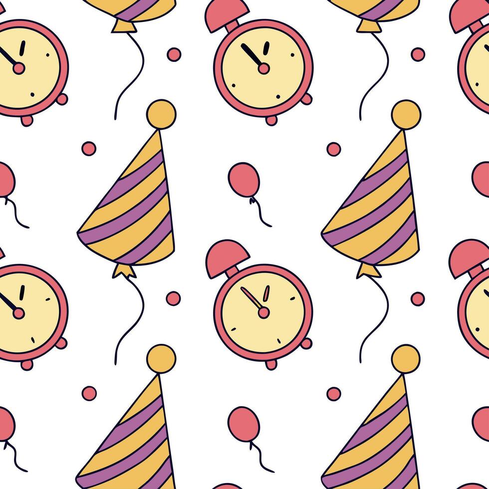 New Year seamless pattern with vibrant balloons party hats and countdown clocks for a high energy fun celebration theme concept as Fun New Year pattern with balloons party hats and Dynamics vector