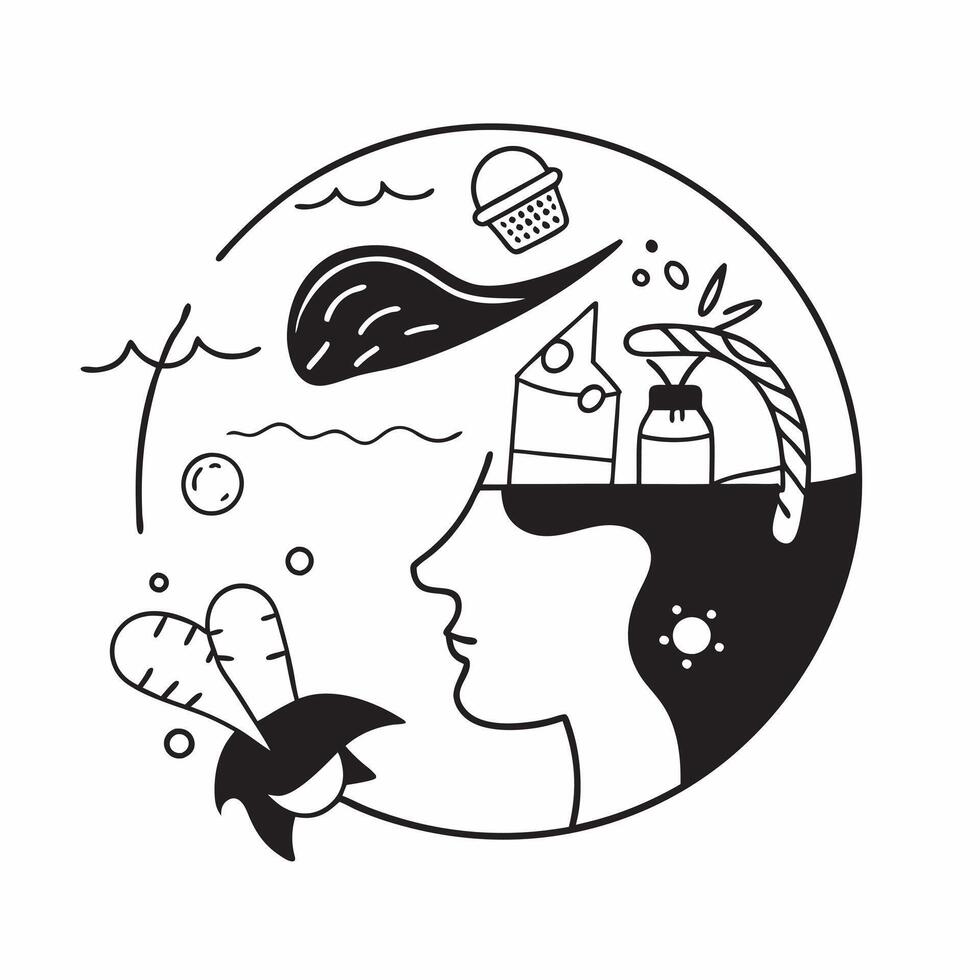 Ocean activist with plastic pollution cleanup concept as An ocean activists profile blended with plastic pollution cleanup imagery symbolizing hope and action against marine pollut Dynamics vector