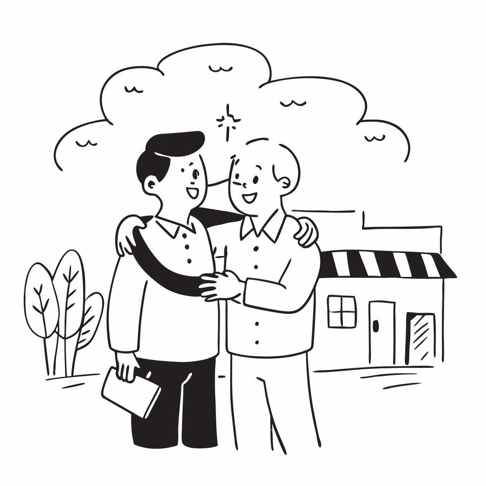 Old friends reuniting at a hometown concept as Old friends reuniting blended with a hometown scene symbolizing the nostalgia and joy of returning home Ideal for social and lifesty Dynamics vector