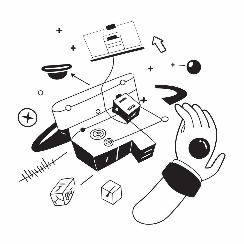 Overhead view of a tech company with virtual reality and digital overlay symbolizing VR driven business innovation in double exposure with copy space concept as An overhead view o Dynamics vector
