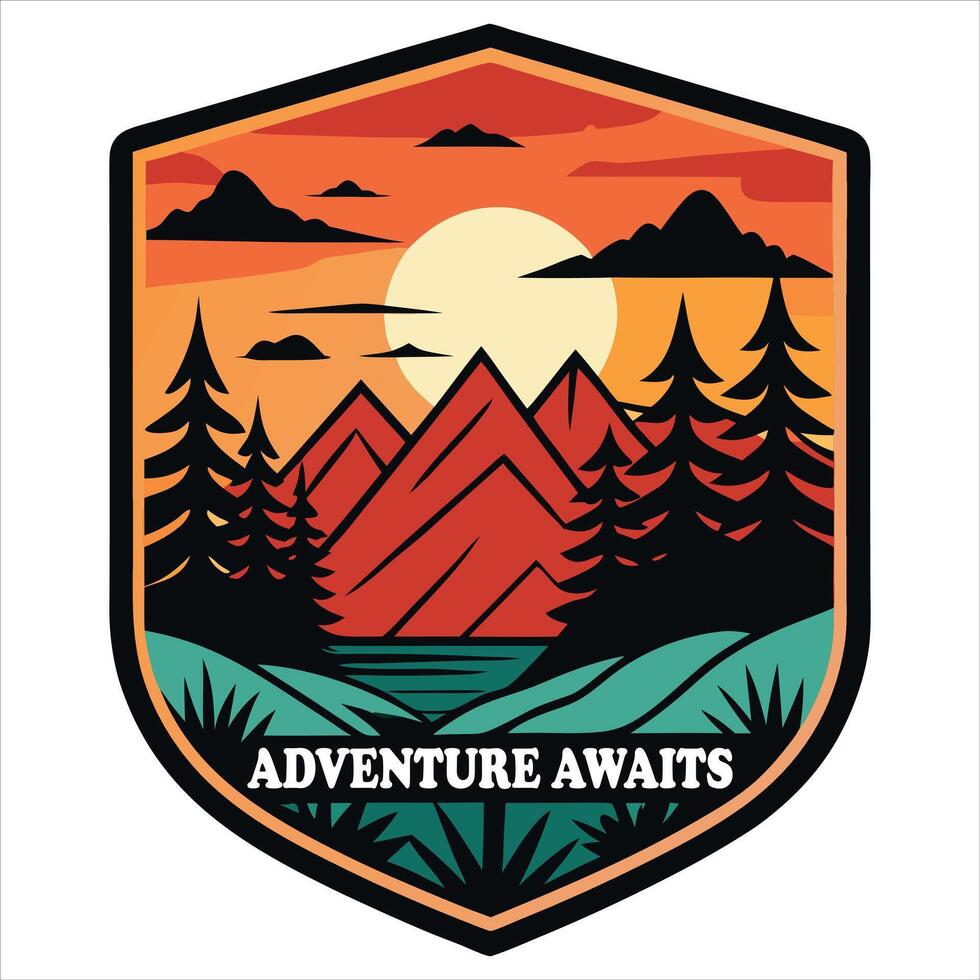 Summer Camp Patch Badge Design Featuring Hiking Trails and Forest Views vector