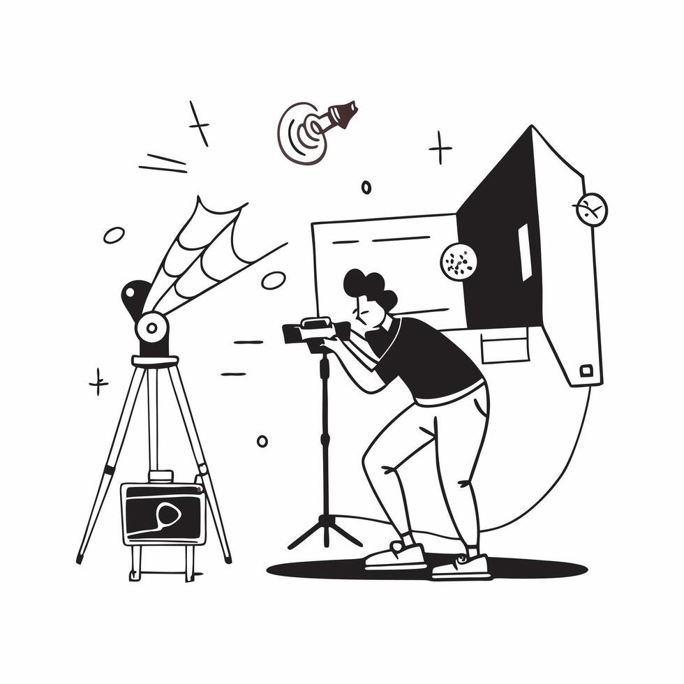 Photographer adjusting settings on a glossy digital camera in a studio concept as Camera movement Pan across the glossy digital camera used by the photographer Scene A professiona Dynamics vector